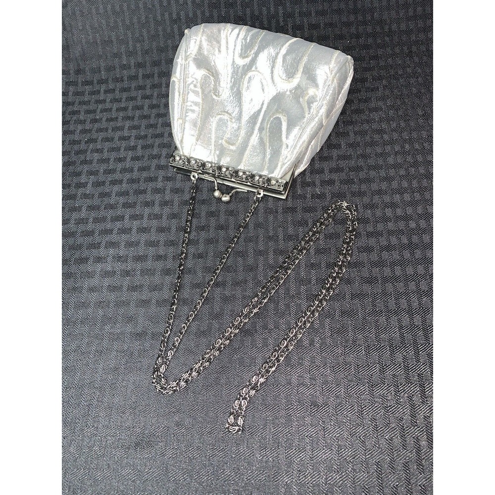 Purse Evening Bag Vintage Silver Embroidered Rhinestones Prom Wedding Formal - Picture 6 of 16